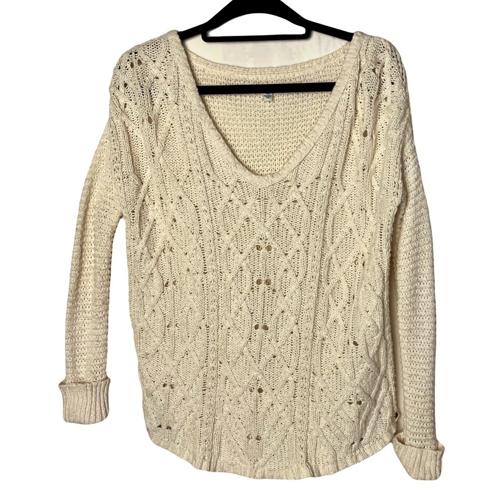 American Eagle | Cream Oversized Loose Knit V-Neck Sweater, Small